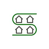 Symbol mit vier Häusern und einer grünen Linie um die Häuser herum